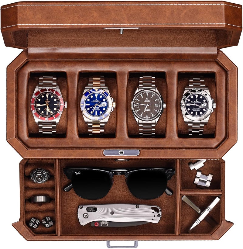 ROTHWELL 4 Slot Leather Watch Box with Valet Drawer - Luxury Case Display Jewelry Organizer, Locking Display Case Holder with Real Glass Top - Watch Box Organizer for Men & Women (Tan) - Image 1
